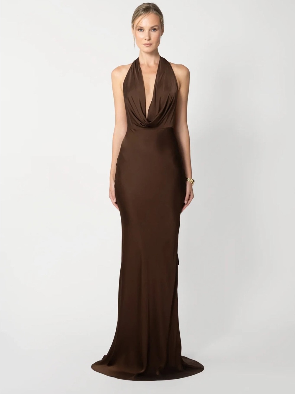 Sau Lee Pearl Satin Gown Mocha Sz 2 - Picture 2 of 6